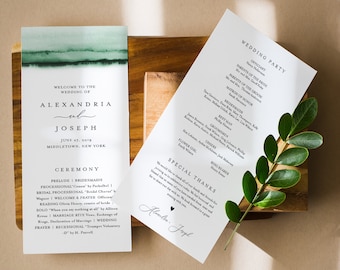 Emerald Watercolor Wedding Program Template, Printable Order of Service, Modern, Instant Download, Editable Text, DIY, Templett #093C-238WP