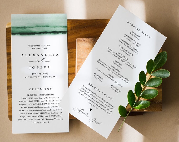 Emerald Watercolor Wedding Program Template, Printable Order of Service, Modern, Instant Download, Editable Text, DIY, Templett #093C-238WP