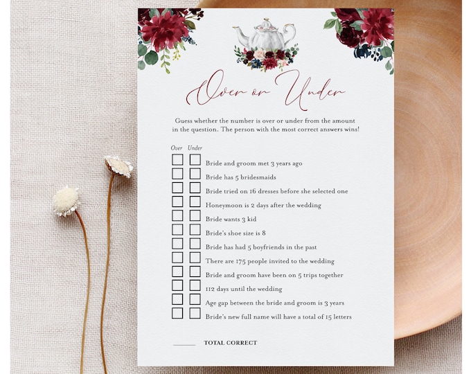 Over or Under Bridal Shower Game, Printable Tea Party Bridal Shower Game, Editable Template, Instant Download, Templett, 5x7 #085B-240BG