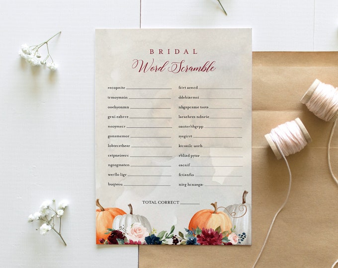 Pumpkin Word Scramble Bridal Shower Game Template, Printable Fall Bridal Shower Puzzle, Instant Download, Templett #072A-334BG