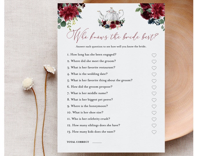 Who Knows the Bride Best Bridal Shower Game, Printable Tea Party Bridal Shower Game, Editable Template, Instant Download Templett 085B-247BG