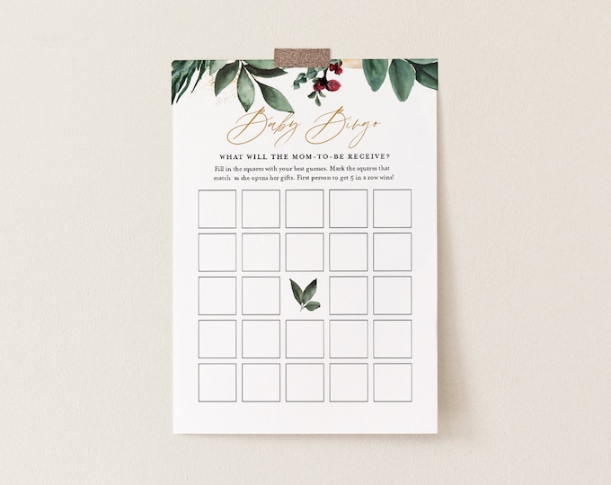 Winter Baby Bingo Game, Printable Christmas Baby Shower Game Template, Holly, Instant Download, Editable, Templett #0018-250BASG