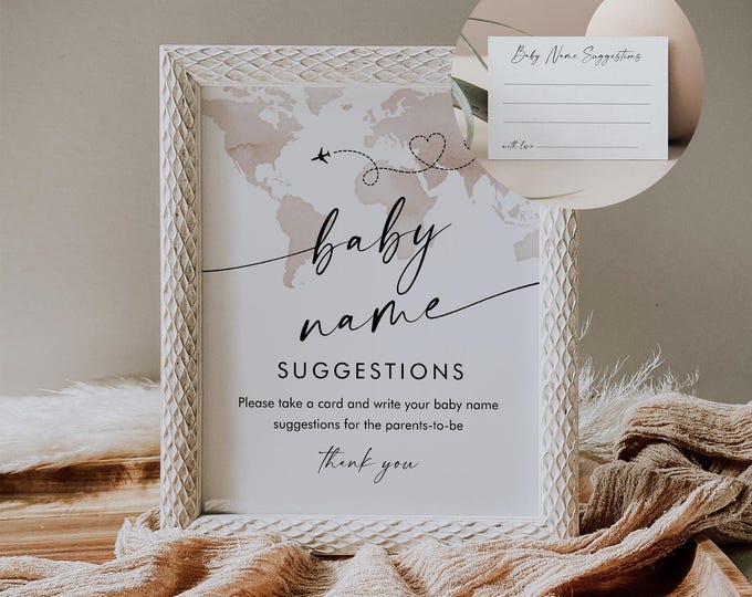 Adventure Baby Name Ideas, Baby Name Suggestions, Sign and Ticket, Printable Travel Baby Shower, World Map, Editable Template #0039-34BAG