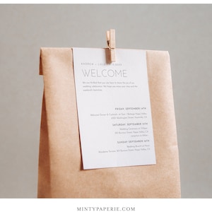 Minimalist Welcome Bag Tag, Editable Welcome Letter and Itinerary Template, Welcome Note, Order of Events, Templett, 3.5"x5" #094-110WBT