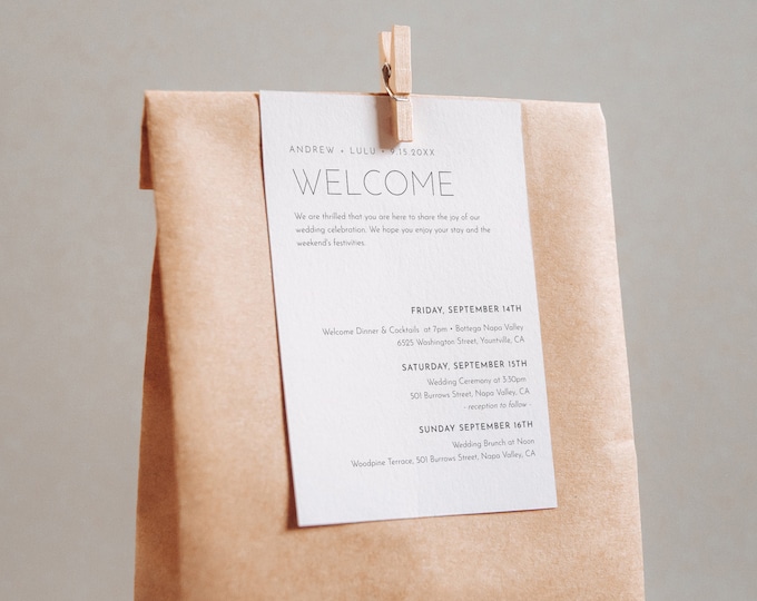 Minimalist Welcome Bag Tag, Editable Welcome Letter and Itinerary Template, Welcome Note, Order of Events, Templett, 3.5"x5" #094-110WBT