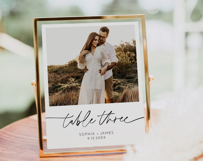 Photo Table Number Card, Minimalist Wedding Table, Add Your Image, Modern Script, Fully Editable Template, 5x7, 8x10 #0032-217TC