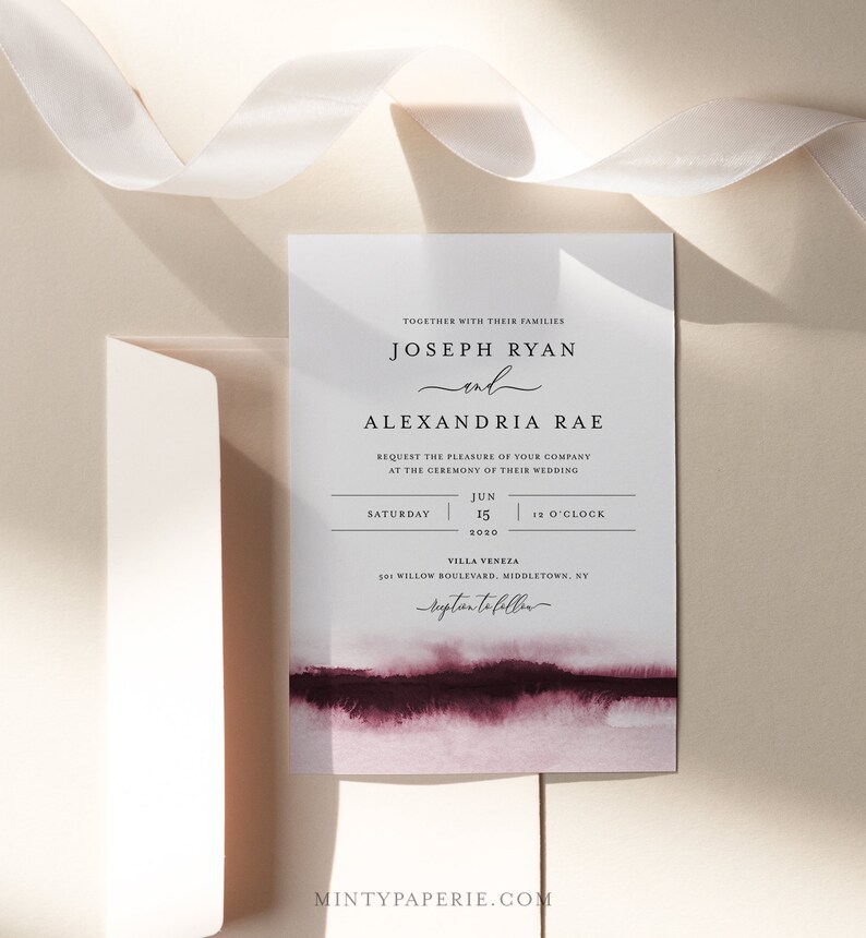 Burgundy Watercolor Wedding Invitation Set, Wine, Vineyard Theme, Modern, Minimalist, Editable Template, Instant Download, Templett 093B image 3