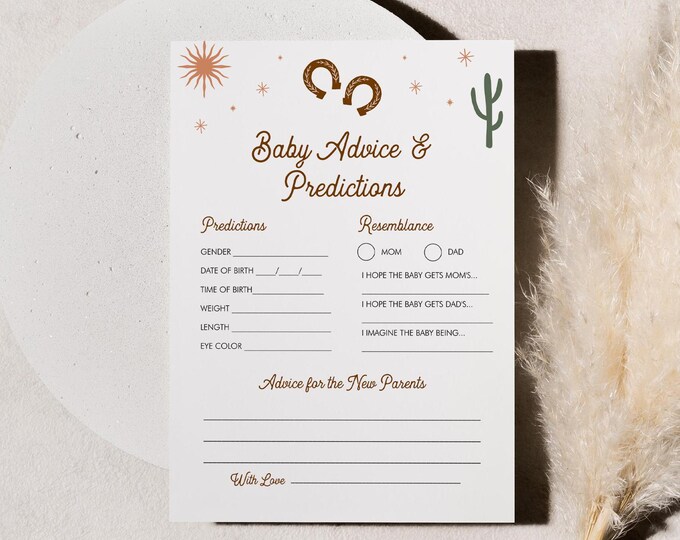 Western Baby Predictions & Advice Card, Printable Rodeo Baby Shower Game, Editable, DIY Baby Advice, Instant Download, Templett #0040-02BAG