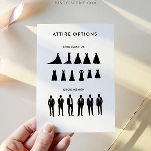 May include: A white card with the text "Attire Options" printed in black. The card shows silhouettes of dresses for bridesmaids and suits for groomsmen.