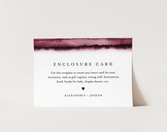 Burgundy Insert card, Wedding Invitation Enclosure, Baby Shower Insert, Editable Details & Info, Instant Download, Templett #093B-159EC