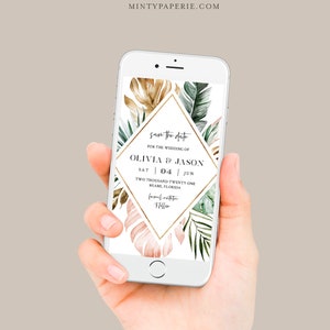 Tropical Save the Date, Beach Wedding Electronic Invitation, Evite, Digital, Text Invite, Editable, Templett, Instant Download #087-106SDD