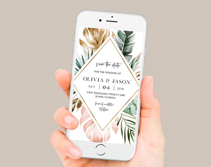 Tropical Save the Date, Beach Wedding Electronic Invitation, Evite, Digital, Text Invite, Editable, Templett, Instant Download #087-106SDD