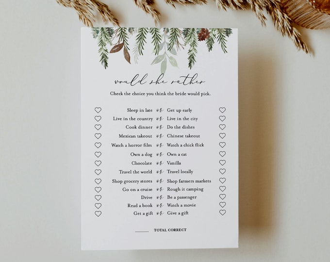 Would She Rather Bridal Shower Game Template, Winter Pine Bridal Shower Printable, Editable Template, Instant Download, Templett #0017-343BG