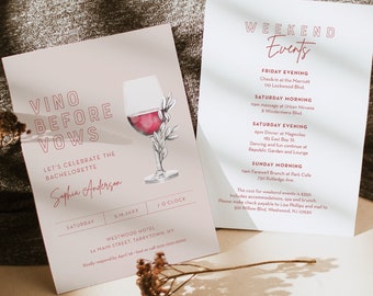 Vino Before Vows Bachelorette Invitation & Itinerary Timeline, Modern, Wine Tasting, Editable Template, Instant, Templett #055-154BP