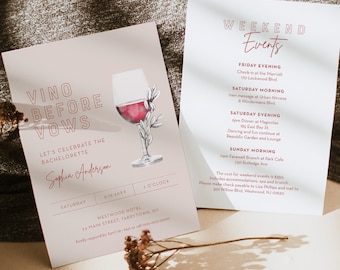 Vino Before Vows Bachelorette Invitation & Itinerary Timeline, Modern, Wine Tasting, Editable Template, Instant, Templett #055-154BP