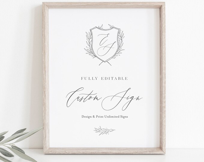 Custom Wedding Sign Template, Wedding Crest, Monogram, Create Any Sign Unlimited Times, INSTANT DOWNLOAD, Printable, Templett #0007-172CS