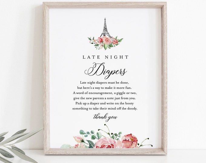 Paris Late Night Diapers Sign, Printable Eiffel Baby Shower Game, Diaper Notes, Editable Template, INSTANT DOWNLOAD, Templett #001-243BASG