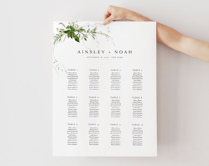 Modern Greenery Seating Chart Template, Printable Wedding Seating Sign, Instant Download, 100% Editable Text, US & UK Sizes #0011-287SC