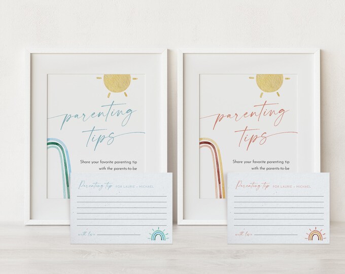 Parenting Tip Sign and Advice Card, Rainbow Baby Shower Advice, Editable Template, Personalize Names, Instant Download, Templett #0055-133AC