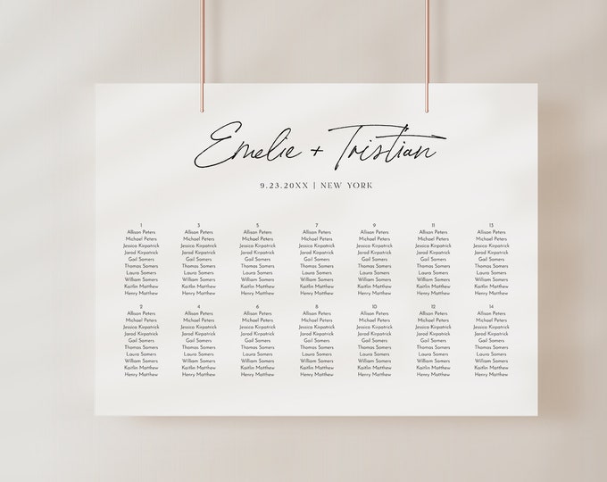 Minimalist Seating Chart Poster, Modern Horizontal Wedding Seating Sign, Instant Download, Editable Template, Templett, US & UK #0024-189SC