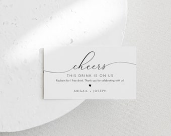 Minimalist Drink Ticket, Free Drink Card from Bride and Groom, Wedding Bar Drink Voucher, Token, 100% Editable Template, Templett #024-105DT