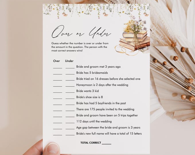 Over or Under Bridal Shower Game, Wildflower Book, Printable Wedding Shower, Editable Template, Instant Download, Templett #0066-10BRG
