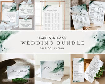 Emerald Lake Wedding Bundle, Day Of Wedding Templates, Mystic Watercolor Invitation Set, Editable, Instant Download, Templett  #0002-BUNDLE