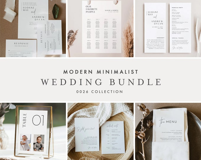 Modern Minimalist Wedding Bundle, Simple Minimal Invitation Suite + Wedding Essentials, 100% Editable Templates, Templett #0026-BUNDLE