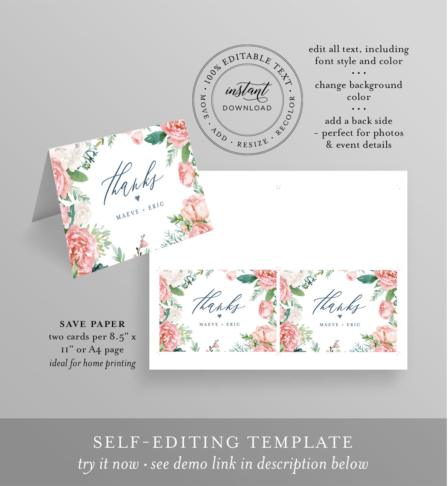 thank you note card template printable boho floral