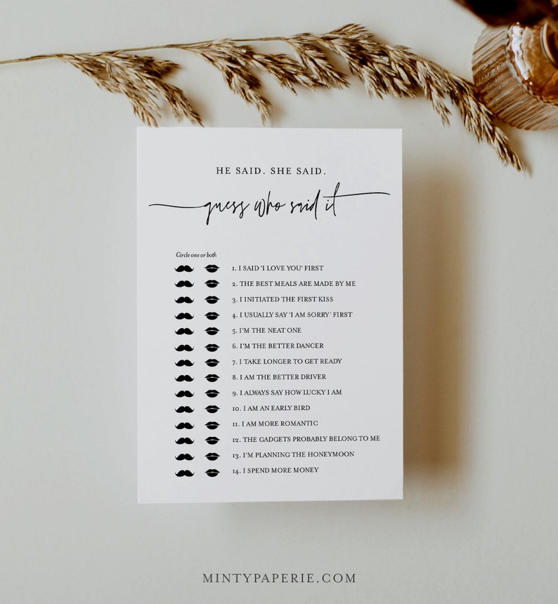 May include: A printable game card with the text "He said. She said. Guess who said it."  The card has a list of 14 statements about relationships, with a moustache icon next to each statement. Players circle the moustache icon next to the statement they think the man said, the lips icon next to the statement they think the woman said, or both icons if they think both said it.
