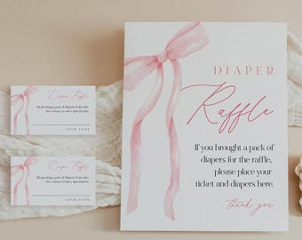 Pink Bow Diaper Raffle Game, Printable Coquette Girl Baby Shower Diaper Raffle Insert & Sign, Editable Template, Instant #0057-20BAG