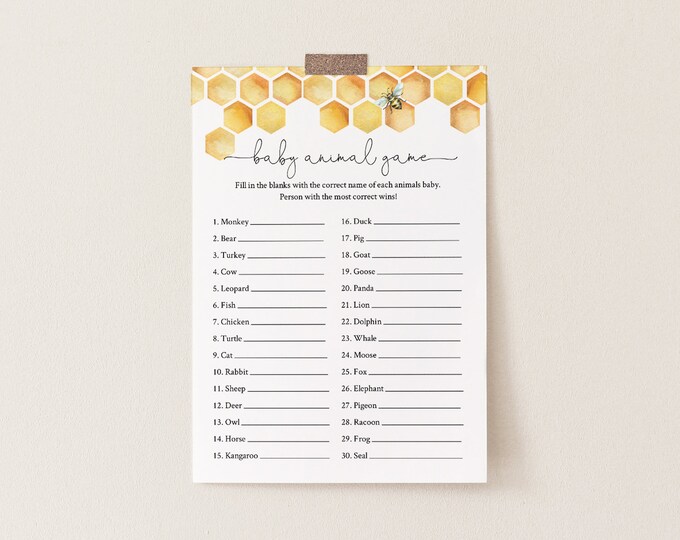 Baby Animal Game, Printable Baby Shower Game, Editable Template, Honey Bee Comb, Printable, Instant Download, Templett  #097-170BASG