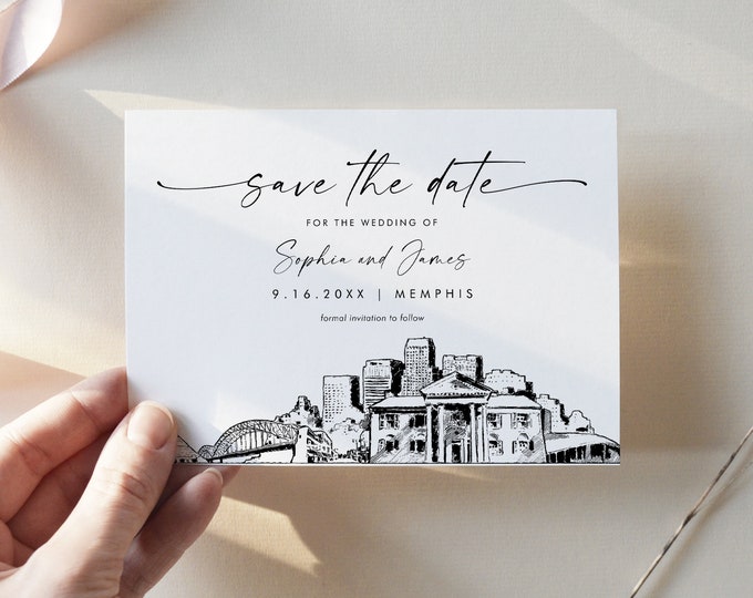 Memphis Skyline Save the Date, City Destination Wedding Memphis Wedding Date, Editable Template, Instant Download, Templett, 5x7 #0047-212SD