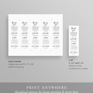 Puede incluir: Plantilla de tarjeta de agradecimiento de boda en blanco y negro con el texto "Gracias" y "Por favor, deje un libro de visitas de la cabina de fotos para su hogar para apreciar esta noche especial." La tarjeta est&aacute; dise&ntilde;ada para imprimir en casa o en una imprenta.