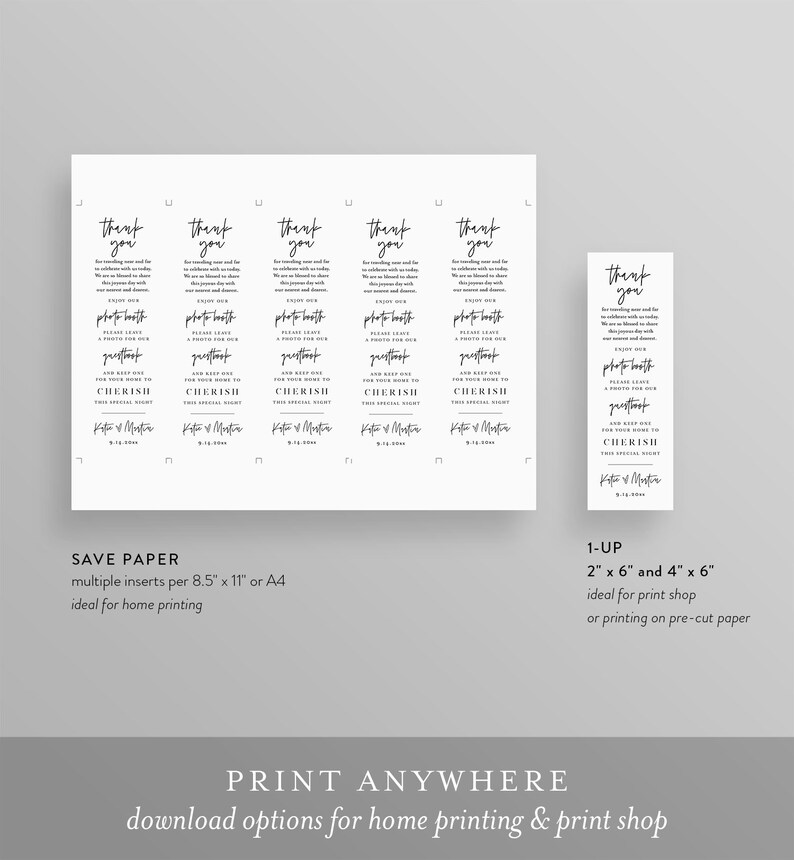 Puede incluir: Plantilla de tarjeta de agradecimiento de boda en blanco y negro con el texto "Gracias" y "Por favor, deje un libro de visitas de la cabina de fotos para su hogar para apreciar esta noche especial." La tarjeta est&aacute; dise&ntilde;ada para imprimir en casa o en una imprenta.
