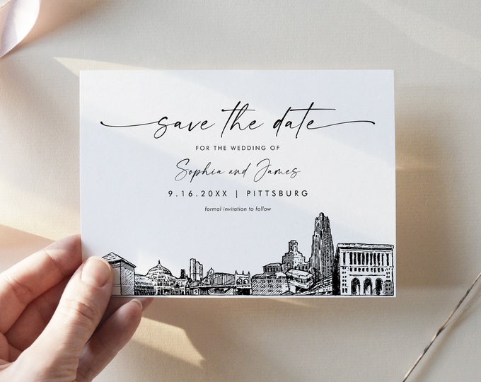 Pittsburg Skyline Save the Date, Destination Wedding Pittsburg PA Wedding Date, Editable Template, Instant, Templett, 5x7 #0047-212SD