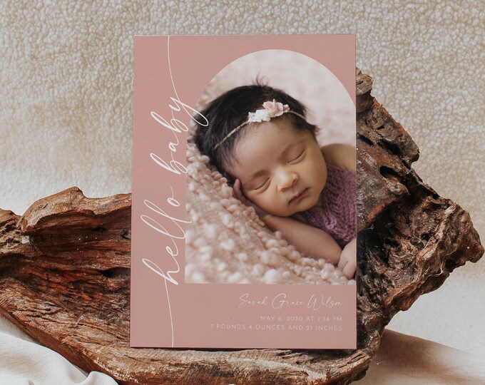 Photo Birth Announcement, Baby Girl Announcement Card, ink, Newborn, Editable Template, Printable, Instant Download, Templett #0034PB-113BAC