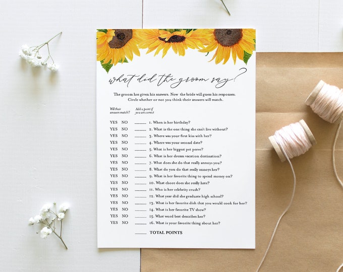 Sunflower What Did the Groom Say, Bridal Shower Game, Printable Bridal Game, Editable Template, Instant Download, Templett 5x7 #0010-316BG