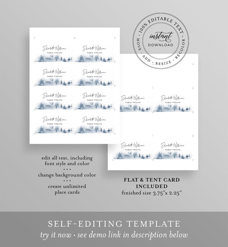 Winter Wedding Place Card Template Printable Rustic Pine - Etsy