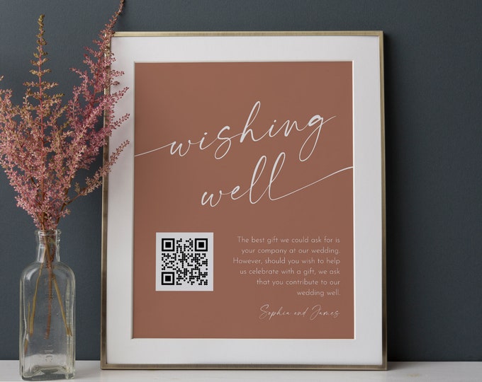 Bohemian Wishing Well Sign, Honeymoon Fund Card, QR Wedding Fund Insert, Venmo Wedding Cash Gift, Editable Template, Templett #0034T-50S
