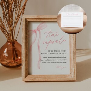 Cápsula del Tiempo para Bebés, Baby Shower con Lazo Coqueto, Deseos para Bebés con Lazo Rosa, Plantilla Editable, Imprimible, Descarga Instantánea, Templett #0057-25BAG