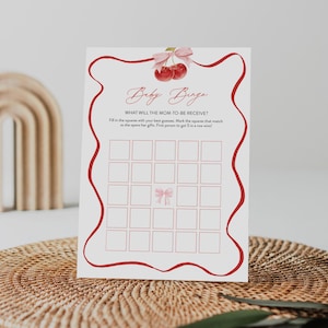 Juego de bingo Cherry Baby, Baby Shower de verano imprimible, Coquette, She's the Cherry on Top, Descarga instantánea, Editable, Templett #0056-11BAG
