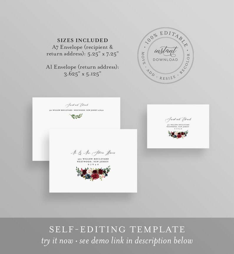 May include: Two white envelopes with a floral design and the text "Just at Home" and "Mr. & Mrs. Allen Jones" with the address "301 Willow Boulevard, Westwood, New Jersey 07675". The envelopes are 5.25 inches by 7.25 inches and 3.625 inches by 5.125 inches. The text "100% Editable Instant Download Add Resize Recolor" is in a circle.