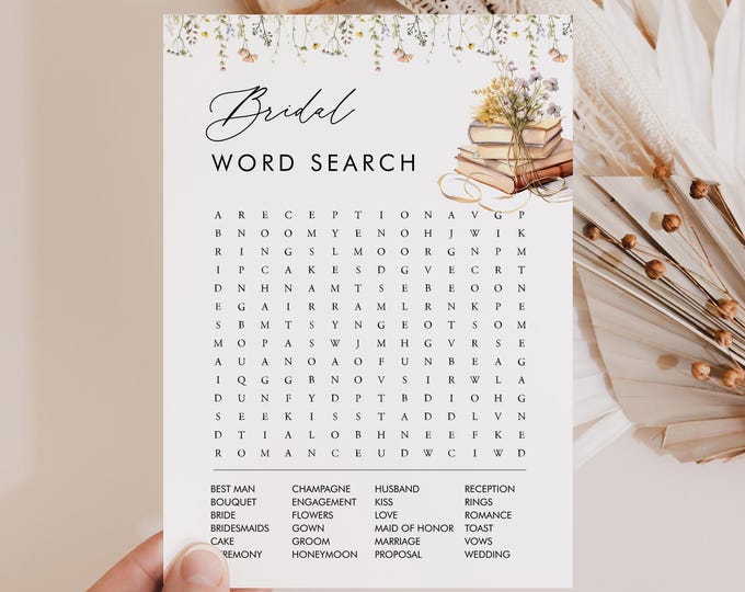 Word Search Game, Wildflower Book Bridal Shower Word Find Game, Word Puzzle, A New Chapter, Instant Download, Templett #0066-20BRG