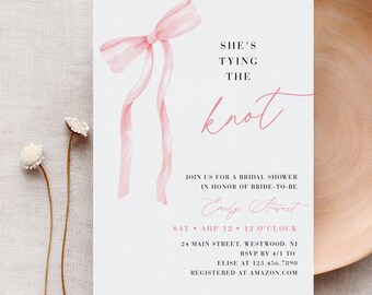 Bow Bridal Shower Invitation Template, Coquette Pink Watercolor Ribbon Wedding Shower Invite, Editable Text #0057-357BS