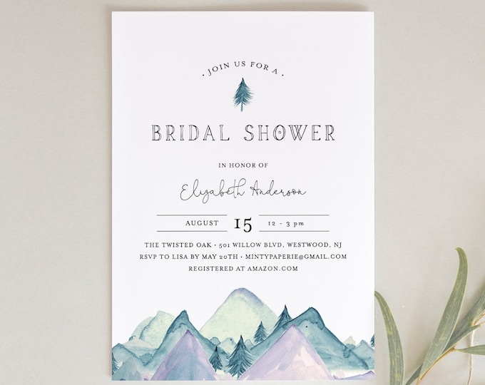 Bridal Shower Invitation Template, Rustic Mountain Wedding Shower Invite, Pine, 100% Editable Text, Printable, INSTANT DOWNLOAD #063-212BS