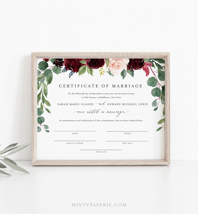 Certificate of Marriage, Wedding Keepsake, Editable Text, Boho Burgundy Floral Wedding Certificate, Instant Download, 8x10, 16x20 062-101MC image 1