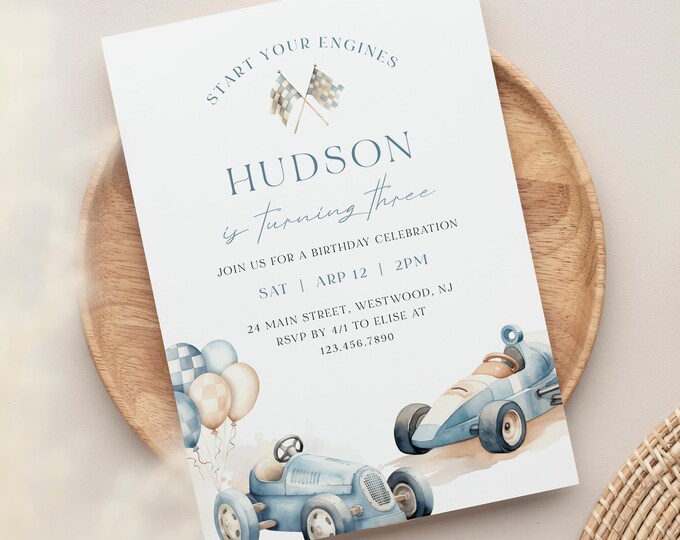 Vintage Race Car Birthday Party Invitation, Racing Boy 1st Birthday Invite, Little Racer, Speedster, Editable Template, Templett #0068-145BD