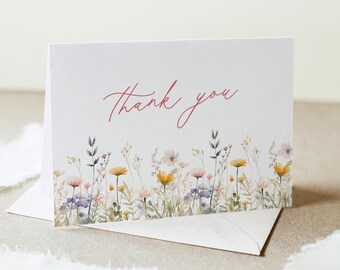 Wildflower Thank You, Floral Bridal / Baby Shower, Birthday, Flat & Folded Card, Editable Template, Instant Download, Templett #0067-247TYC