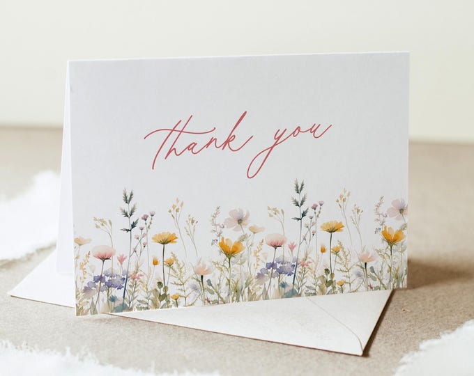 Wildflower Thank You, Floral Bridal / Baby Shower, Birthday, Flat & Folded Card, Editable Template, Instant Download, Templett #0067-247TYC